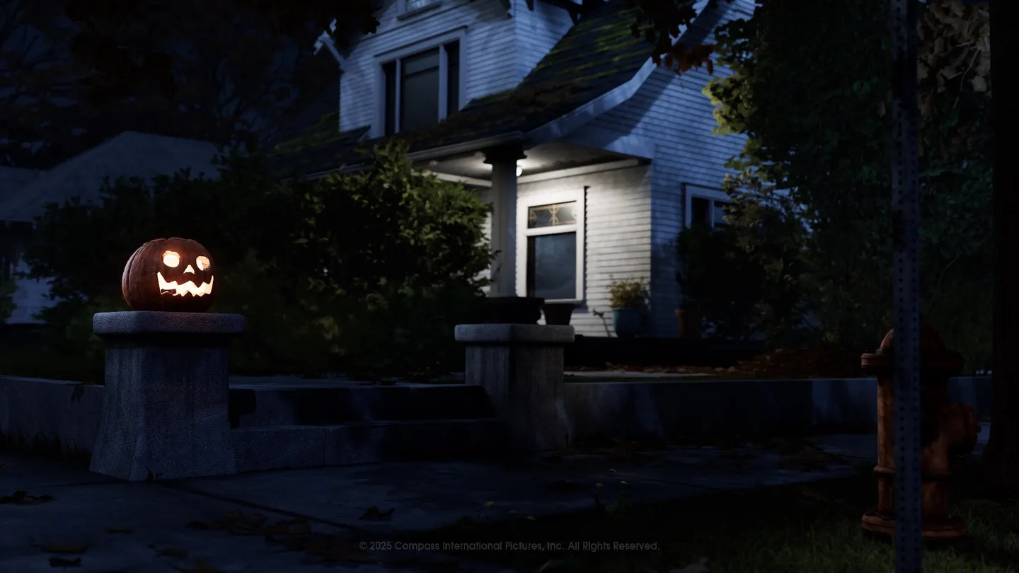 A jack-o-lantern glows in front of a white house in Haddonfield Heights at night.